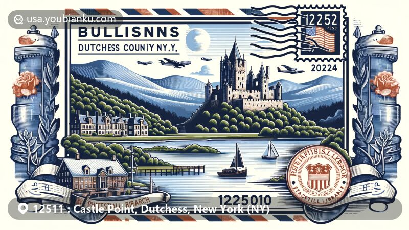 Modern illustration of Castle Point, Dutchess County, New York, with scenic views near Beacon, Hudson River, and Dutchess County's natural beauty, featuring postal elements like an airmail envelope, postmark with ZIP code 12511, mailbox, and postal truck.