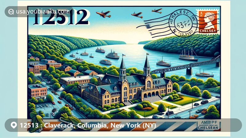 Modern illustration of Claverack, Columbia County, New York, showcasing postal theme with ZIP code 12513, featuring Claverack Free Library, The Mill At Green Hole, and Olde York Farm Distillery & Cooperage.