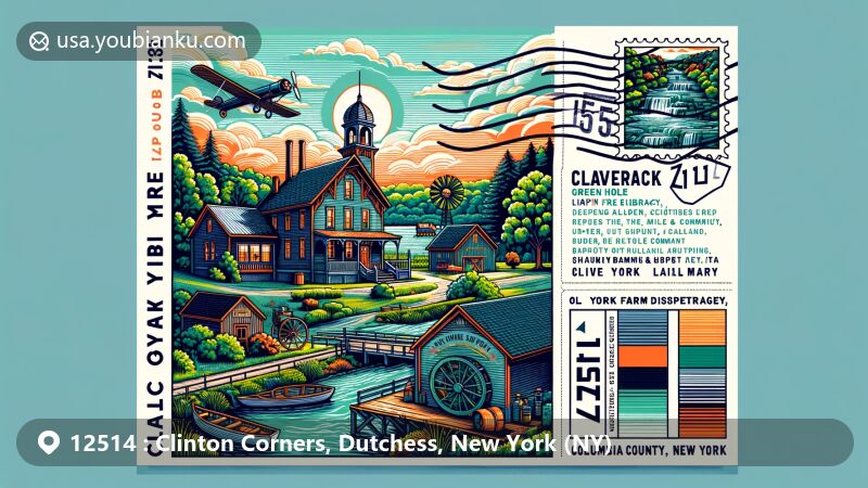 Modern illustration of Clinton Corners, Dutchess County, New York, showcasing Creek Meeting House, Meadowland Farm, and vintage postal theme with state flag, portraying the area's rich history and rural charm.
