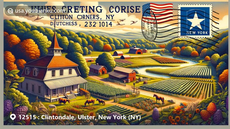 Modern illustration of Clintondale, Ulster County, New York, featuring aerial envelope enclosing scenic beauty with vibrant green vegetation, farmland, and town ambiance, showcasing a stamp with New York state symbols like Ulster County's outline, bearing 'Clintondale, NY 12515' postal code and a fictitious postmark.