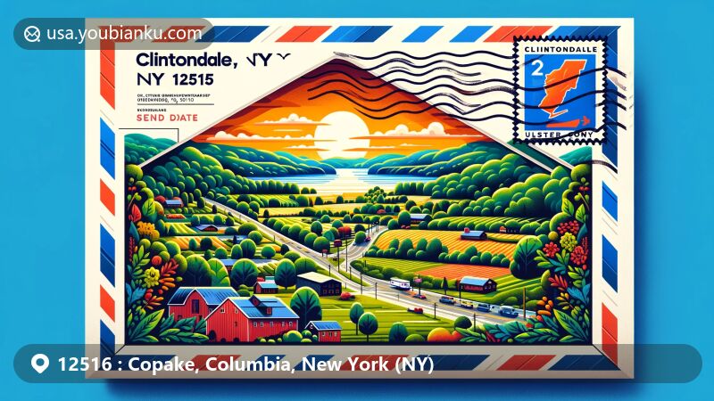 Modern illustration of Copake, NY, showcasing the Copake Iron Works Historic District with ZIP code 12516 in a creative air mail envelope design.