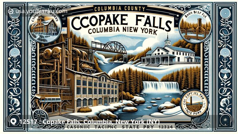 Modern illustration of Copake Falls, Columbia County, New York, showcasing Copake Iron Works Historic Site and Taconic State Park, with elements of industrial heritage, outdoor activities, and postal theme.