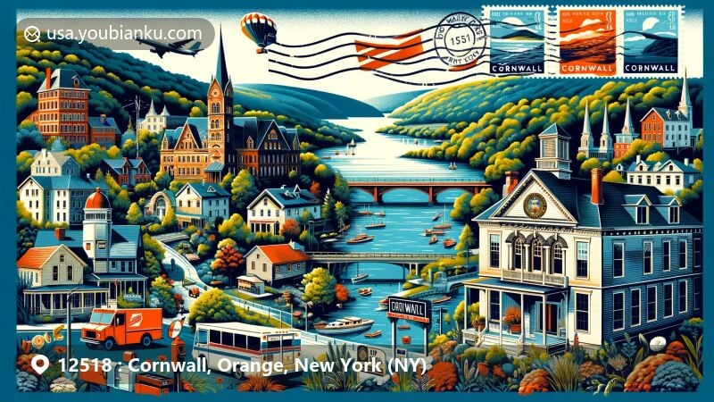 Modern illustration of Cornwall, Orange County, New York, integrating natural beauty and cultural heritage, featuring Hudson River, Storm King Art Center, and Cornwall Central School District, with vintage air mail elements and ZIP code 12518 postal theme.