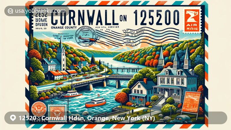 Modern illustration of Cornwall on Hudson, Orange County, New York, highlighting postal theme with ZIP code 12520, featuring Riverbank Historic House Museum and vintage postal elements.