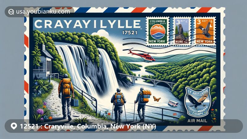 Modern illustration of Craryville, NY, featuring Bash Bish Falls on air mail envelope, showcasing outdoor activities and natural beauty, highlighted by postal theme and ZIP code 12521.