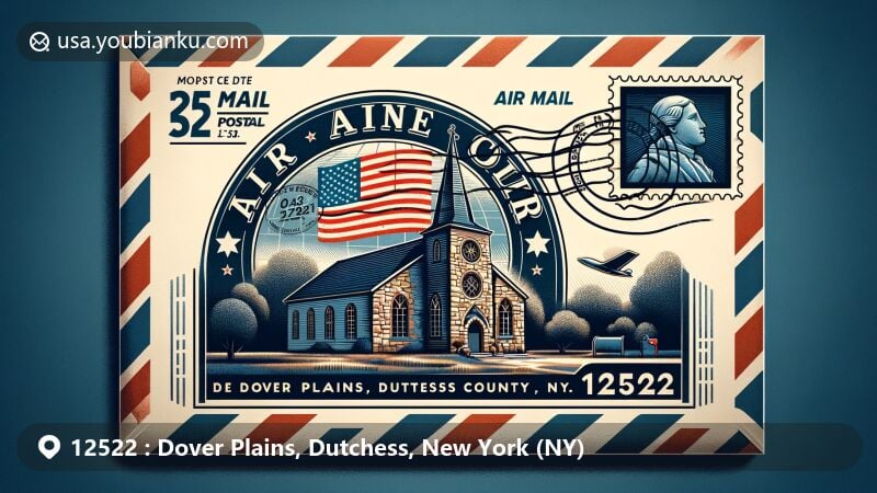 Modern illustration of Dover Plains, Dutchess County, New York, showcasing air mail envelope with ZIP code 12522, featuring Dover Stone Church postage stamp and postal elements.