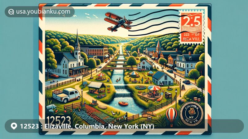 Modern illustration of Elizaville, a charming town in Columbia County, New York, with ZIP code 12523, showcasing a postal theme design and local community symbols like farmers market, festivals, and concerts.