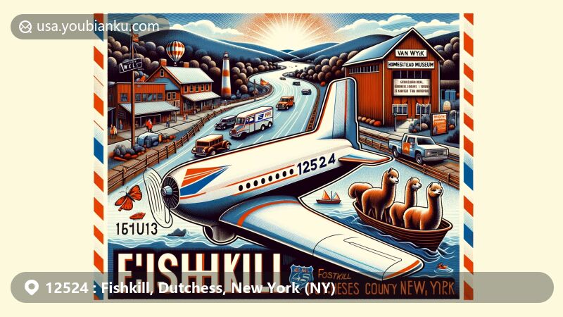 Modern illustration of Fishkill, New York, highlighting postal theme with ZIP code 12524, featuring Van Wyck Homestead Museum, SplashDown Beach, Mount Beacon, and alpacas.