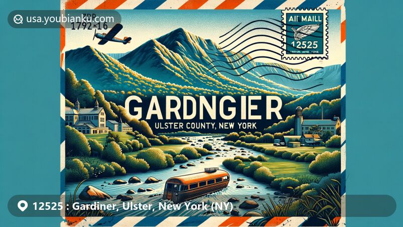 Vibrant illustration of Gardiner, Ulster County, New York, featuring Shawangunk Mountains, Wallkill River, and postal theme with ZIP code 12525.