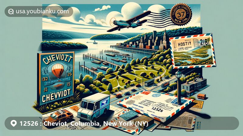 Modern illustration of Cheviot, Columbia County, New York, blending natural beauty with postal elements, featuring Cheviot Park and the Hudson River, showcasing vintage air mail envelope with postcard of the park, ZIP Code '12526' stamp, and postal truck.