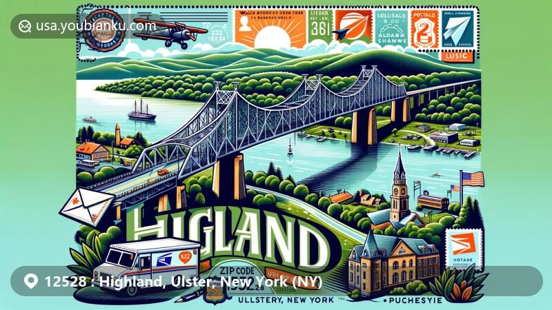 Creative illustration of Highland, Ulster County, New York, featuring Walkway Over the Hudson, a steel cantilever bridge connecting the area to Poughkeepsie, adorned with postal elements like an airmail envelope and stamps against the backdrop of lush landscape including the Hudson River.