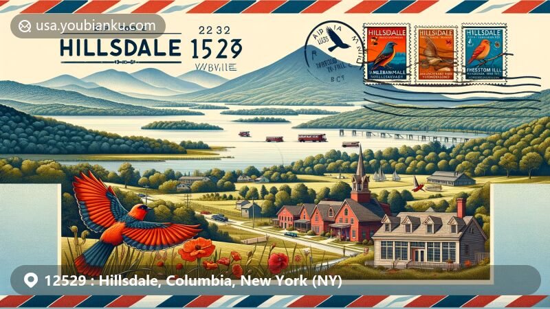 Modern illustration of Hillsdale, NY, in ZIP code 12529, showcasing natural beauty with Taghkanic Mountain range backdrop, featuring local landmarks like Hillsdale Hamlet, Columbia Turnpike East Gate, and Rheinstrom Hill Audubon Sanctuary.