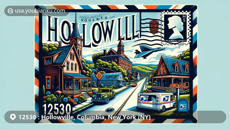 Modern illustration of Hollowville, Columbia County, New York, showcasing postal theme with ZIP code 12530, featuring upstate architecture, Mid-Hudson and Catskills landscapes, and postal elements.
