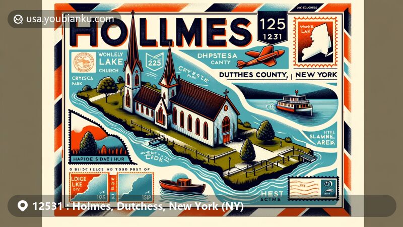 Modern illustration of Holmes, Dutchess County, New York, capturing postal theme with ZIP code 12531, featuring stylized Whaley Lake Church, Dutchess County outline, and vintage air mail envelope with symbolic stamps of natural attractions like Wonder Lake State Park, Crystal Park, and Depot Hill Multiple Use Area.