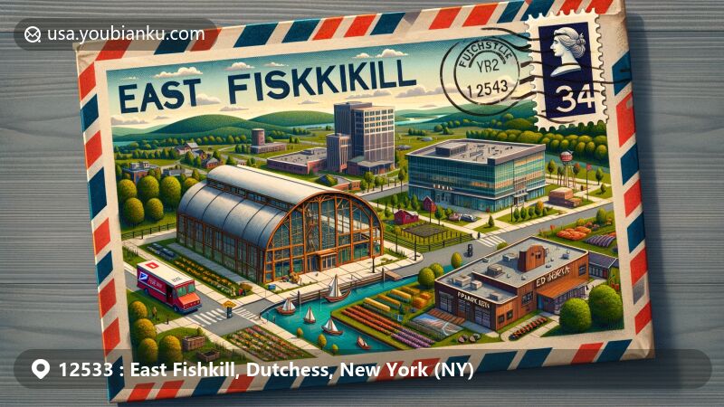 Modern illustration of East Fishkill, Dutchess, New York (NY), showcasing The Barns Art Center, iPark 84, and postal theme with ZIP code 12533, featuring New York state flag on postage stamp.