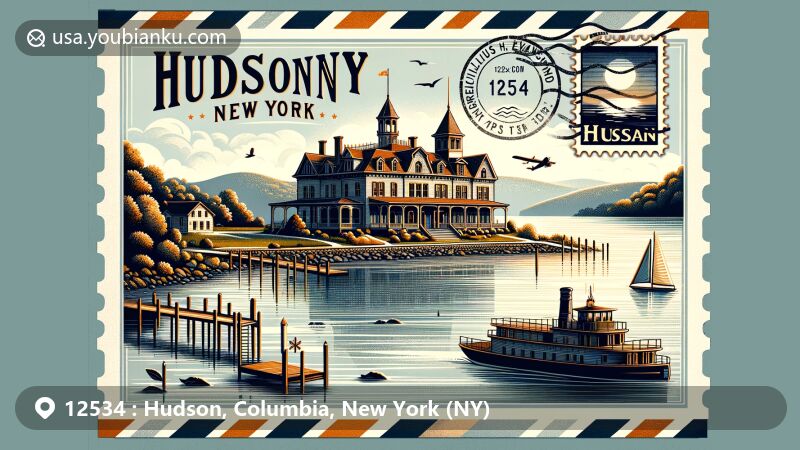 Modern illustration of Hudson, Columbia County, New York, featuring iconic Hudson River and Cornelius H. Evans House, with subtle symbols of whaling history, Berkshire Mountains in the background, and postal elements like vintage stamp, charter date postal mark, and '12534' ZIP code.