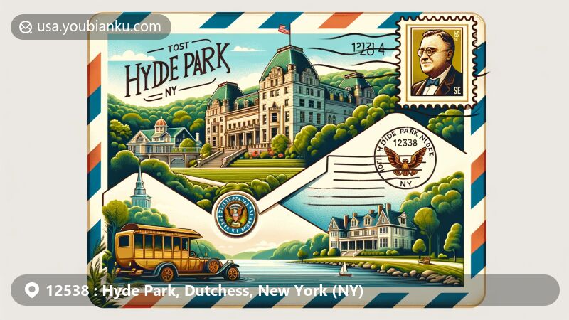 Modern illustration of Hyde Park, New York, linked to ZIP code 12538, showcasing Franklin D. Roosevelt Presidential Library and Museum, Top Cottage, and Vanderbilt Mansion in a vintage airmail envelope with postal stamp of FDR and '12538' postmark, set against Hudson River and lush greenery, representing town's historical and natural allure.