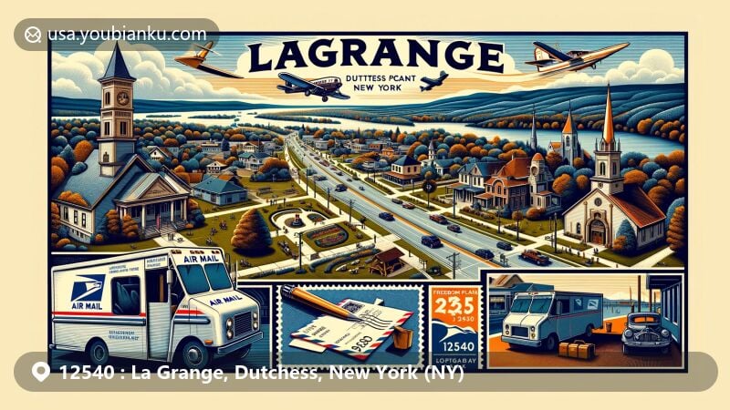 现代插画风格的La Grange, Dutchess County, 纽约州12540邮编区域插图，展示地理特征、地标和休闲设施，带有航空邮件信封，代表该区域的邮政元素。
