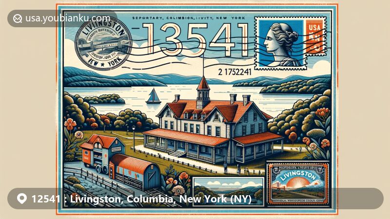 Modern illustration of Livingston area in Columbia County, New York, depicting historical and geographical elements like the Hudson River and Livingston Manor, combined with postal theme featuring vintage postcard format and stamp showcasing 'Livingston, NY 12541'.