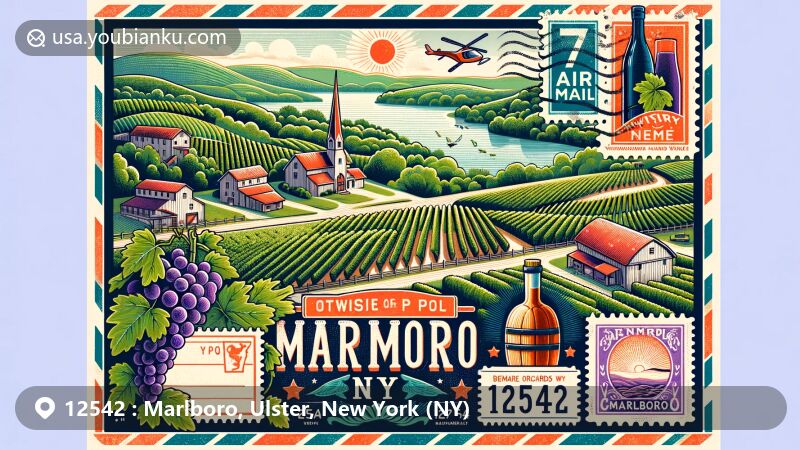 Modern illustration of Marlboro, New York, showcasing lush vineyards and wineries like Weed Orchards & Winery, Benmarl Vineyards, Glorie Farm Winery, with vintage postcard theme featuring postal marks, ZIP Code 12542, stamps of grapes, wine bottles, and Hudson River Valley scenery.