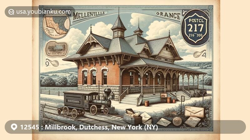 Modern illustration of Millbrook, Dutchess County, New York, showcasing postal theme with ZIP code 12545, featuring iconic sights like Innisfree Garden and Millbrook Vineyards & Winery.
