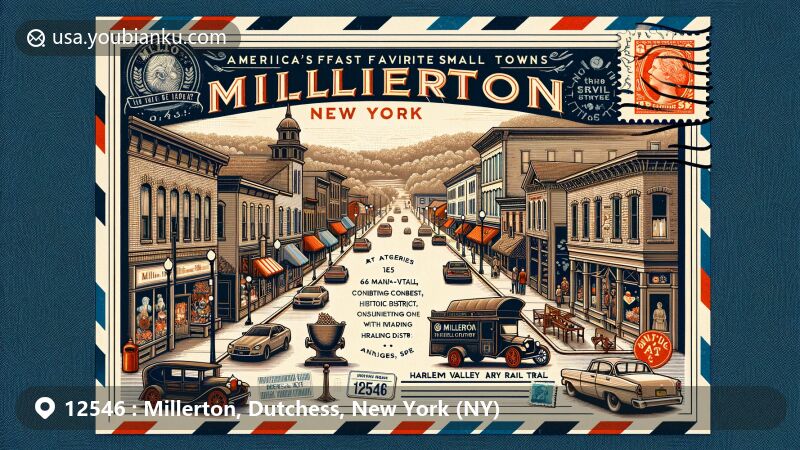 Modern illustration of Millerton, New York, ZIP code 12546, capturing historic and cultural charm with Main Street Historic District and symbols of village's past like anvil and art galleries.
