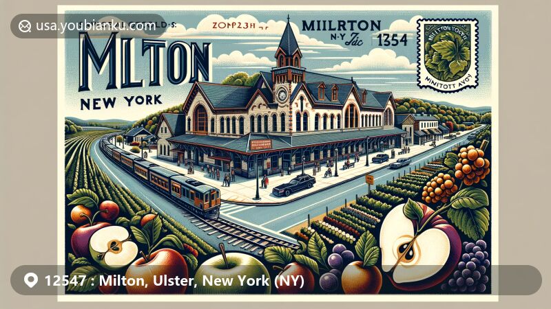 Modern illustration of Milton, New York (ZIP code 12547), showcasing iconic landmarks and local culture with a vintage postcard twist. Features the historic Milton Train Station, a town heritage site listed on the National Register of Historic Places, set against the scenic Hudson River backdrop. The foreground displays a variety of local produce from farms and vineyards like Prospect Hill Orchards and Nostrano Vineyards, including apples and grapes, symbolizing the rich agricultural and winemaking traditions of the Hudson Valley. The postcard design incorporates postal elements, such as a retro-style stamp featuring the Milton Reformed Church (Ulster County's oldest church) in homage to the town's religious history, and a postmark with 'Milton, NY 12547' for clear postal theme. The illustration is characterized by a distinct, modern, and illustrative style, perfect for celebrating Milton's unique identity on a webpage.
