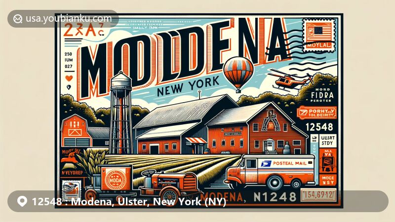 Creative postcard illustration of Modena, New York, featuring Hurd's Family Farm and postal heritage with ZIP code 12548, vintage postage stamps, and modern postal elements, capturing the essence of rural charm and cultural significance.