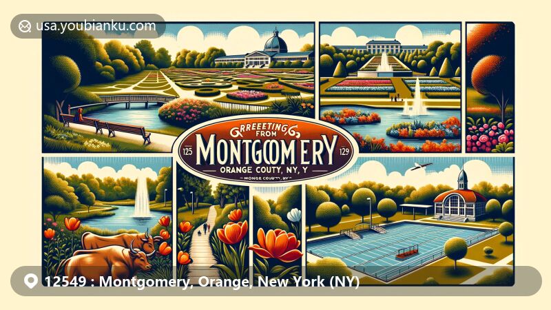 Vintage-style postcard illustration capturing the natural beauty and landmarks of Orange County, New York, ZIP code 12549, featuring Orange County Arboretum and Thomas Bull Memorial Park.