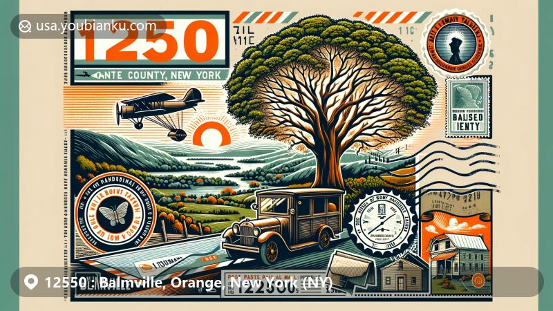 Modern illustration of Balmville, Orange County, New York, showcasing iconic Balmville Tree, scenic Hudson Valley landscape, and vintage postal elements with ZIP code 12550.