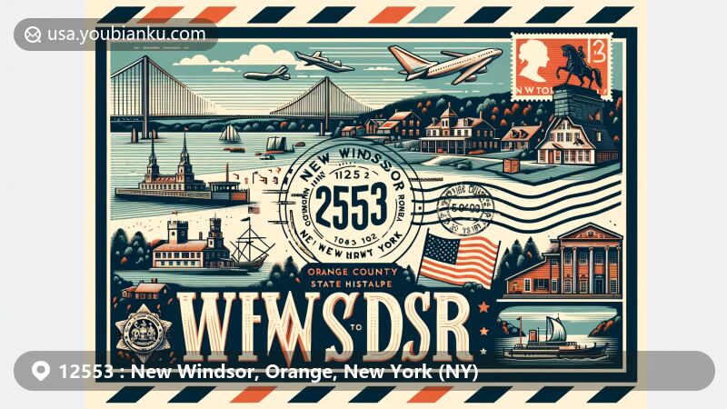 Modern illustration of New Windsor, Orange County, New York, featuring postal theme with ZIP code 12553, showcasing New Windsor Cantonment State Historic Site and cultural integration of Orange County and New York State symbols.