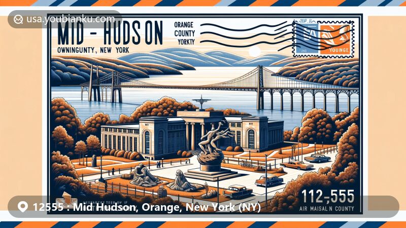 Modern illustration of Mid Hudson, Orange County, New York, with ZIP code 12555, featuring Storm King Art Center, Washington’s Headquarters, Bear Mountain Bridge, and a creative postal theme design.