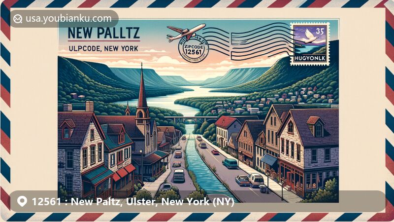 Modern illustration of New Paltz, Ulster County, New York, showcasing Shawangunk Ridge, Historic Huguenot Street, Wallkill River, postal envelope with ZIP code 12561, and Mohonk Mountain House stamp.