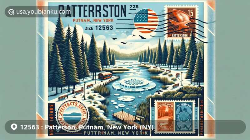 现代插图展示纽约州普特南县帕特森地区，体现了冰池、铁杉树和州旗等地标元素，突出了自然环境和邮政主题，完美诠释了帕特森的风貌。