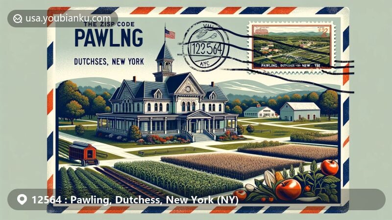 Modern illustration of Pawling, Dutchess County, New York, showcasing ZIP code 12564 and local landmarks like Akin Free Library, Pawling Nature Reserve, apple orchards, and vintage postal aesthetics.