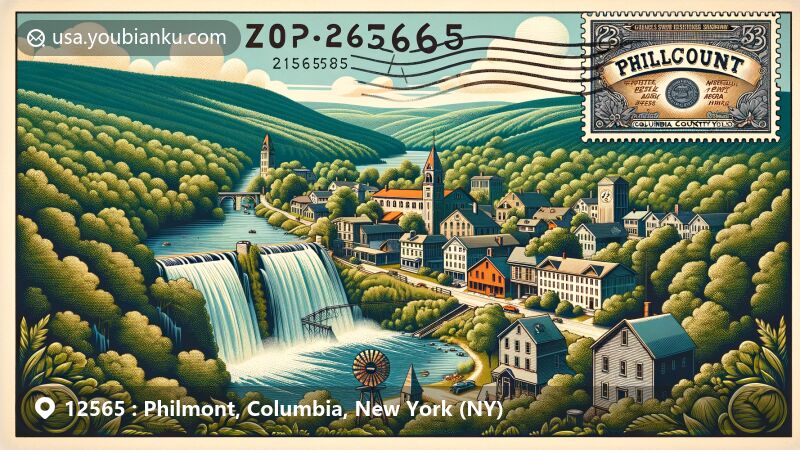 Modern illustration of Philmont village in Columbia County, New York, highlighting High Falls, Taconic Mountains, and postal elements with ZIP code 12565, capturing the village's charm, geographical beauty, and rich history as a former industrial town.