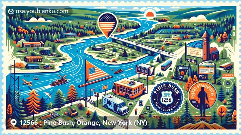 Modern aerial view postcard illustration of Pine Bush, Orange County, New York, near Ulster County border, featuring Shawangunk Kill river and connection to Catskill Mountains, with hiking, fishing, camping elements and postal theme showcasing New York state flag, ZIP code 12566, and mail delivery vehicle.