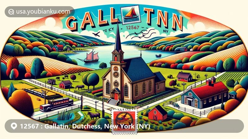 Modern illustration of Gallatin, Dutchess County, New York, highlighting Gallatin Reformed Church with Dutch architectural style, surrounded by natural beauty of rolling hills, farmlands, and Lake Taghkanic, featuring postal elements like vintage air mail envelope and stamp with ZIP code 12567.