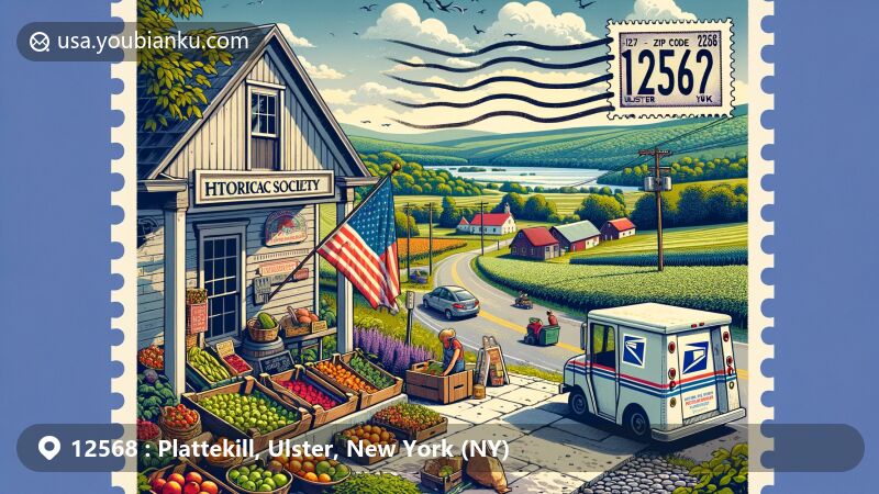 Modern illustration of Plattekill, Ulster County, New York, depicting rural charm with farms, orchards, and historical society, set against Hudson Valley's scenic backdrop. Features fresh produce stand and oversized postcard integrating ZIP code 12568, 'Plattekill,' and postal symbols.