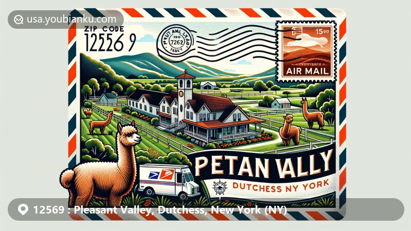 Modern illustration of Pleasant Valley, Dutchess County, New York, showcasing postal theme with ZIP code 12569, featuring Pleasant Valley Free Library, alpacas, and lush green landscapes.