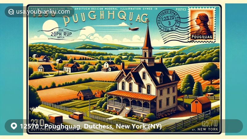 Modern illustration of Poughquag, Dutchess County, New York, themed around ZIP code 12570, featuring Beekman Meeting House, The Old Upper Road, postal elements like stamp and postmark, and vibrant agricultural landscape under sunny sky.