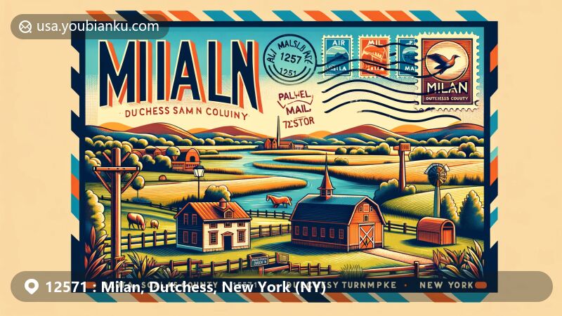 Modern illustration of Milan, Dutchess County, New York, featuring postal theme with ZIP code 12571, showcasing rural landscape, Salisbury Turnpike, Milan post office, and the Hudson River.