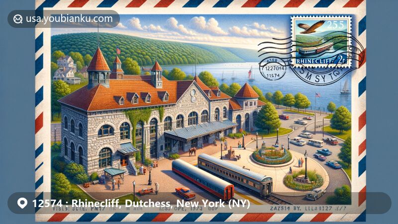 Modern illustration of Rhinecliff, New York, showcasing the iconic Rhinecliff Railroad Station with unique architectural features and postal heritage, surrounded by Hudson River and lush green landscapes.