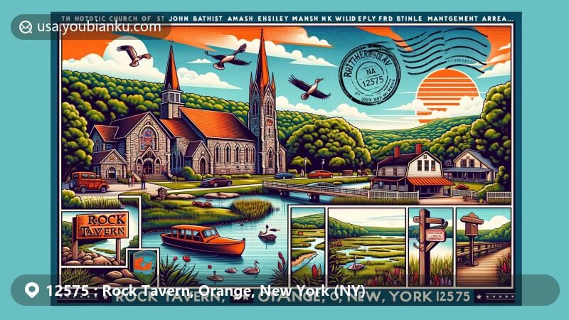 Modern illustration of Rock Tavern, Orange County, New York, featuring historic Church of St John the Baptist, Moodna Marsh Wildlife Management Area, and Brotherhood Winery, symbolizing rich history and natural beauty.