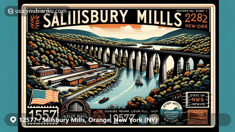 Modern illustration of Salisbury Mills, Orange County, New York, featuring postal theme with ZIP code 12577, showcasing Moodna Viaduct, Beaver Dam Lake, and Hudson Valley landscape.