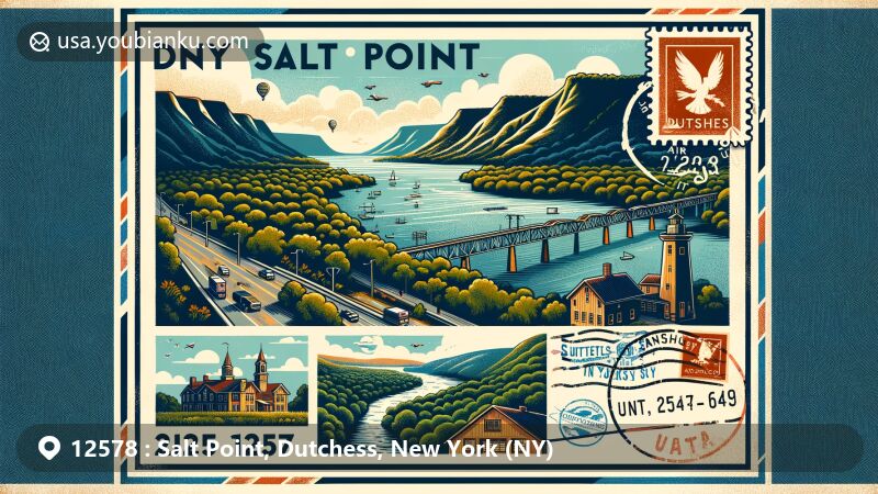 Modern illustration of Salt Point, Dutchess County, New York, featuring the scenic beauty of the Hudson River Valley and Catskill Mountains, integrated with postal theme showcasing ZIP code 12578 and a local landmark image on a stamp.