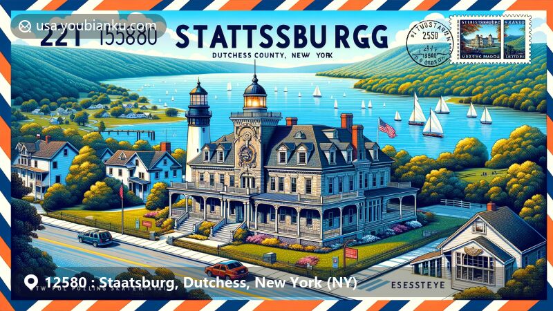 Modern illustration of Staatsburg, Dutchess County, New York, highlighting Mills Mansion and Esopus Meadows Lighthouse, infused with postal theme featuring ZIP code 12580 and scenic Hudson River views.