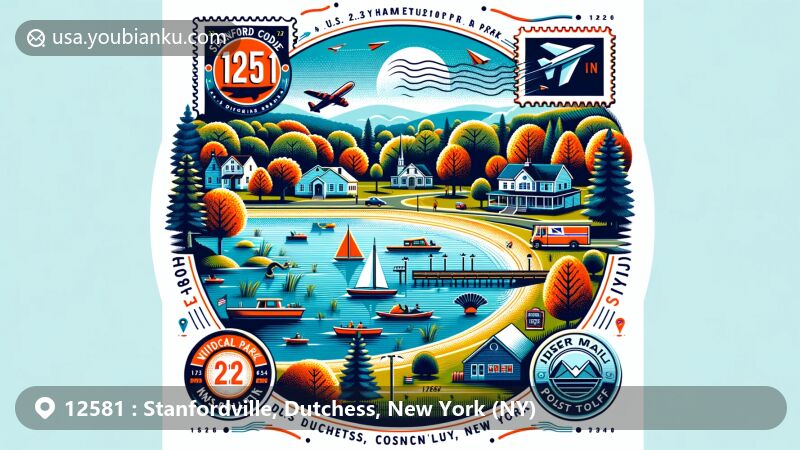 Modern illustration of Stanfordville, Dutchess County, NY, highlighting Wilcox Memorial Park with two lakes, disc golf course, and postal heritage elements like air mail envelope and stamps.
