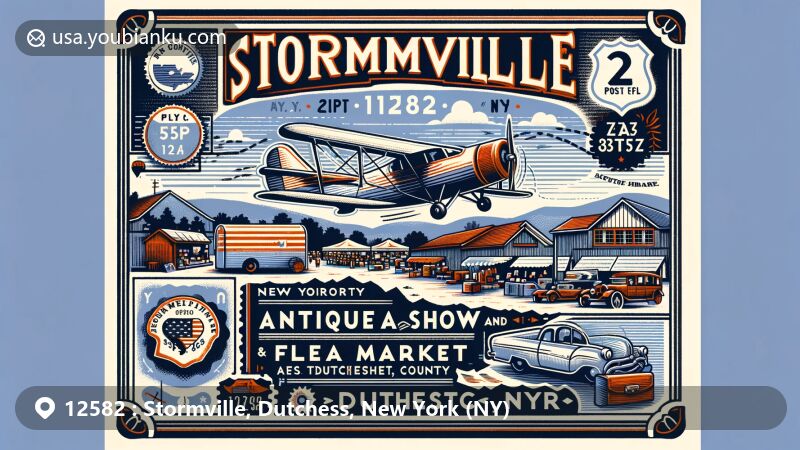 Modern illustration of Stormville, Dutchess County, New York, capturing the essence of the famous Stormville Airport Antique Show and Flea Market, featuring vintage air mail elements, New York state symbols, and postal theme with ZIP code 12582.