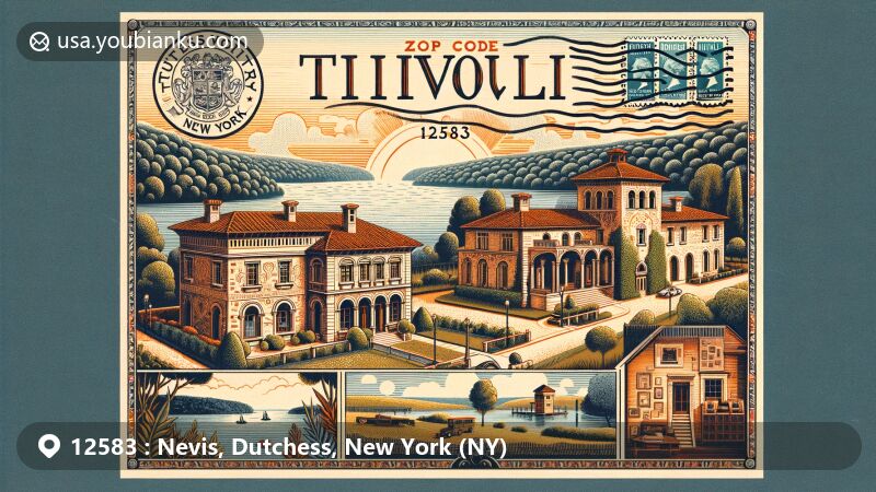 Modern illustration of Tivoli, Dutchess County, New York, celebrating historic charm with Rose Hill villa and Hudson River backdrop, featuring Brice and Helen Marden's legacy and Bannerman's Island Arsenal.